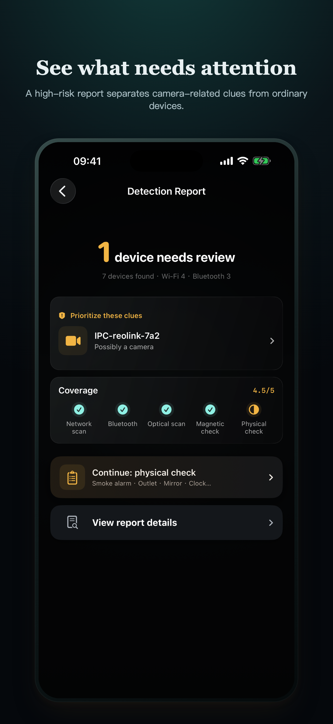 CamClue report showing one device that needs review