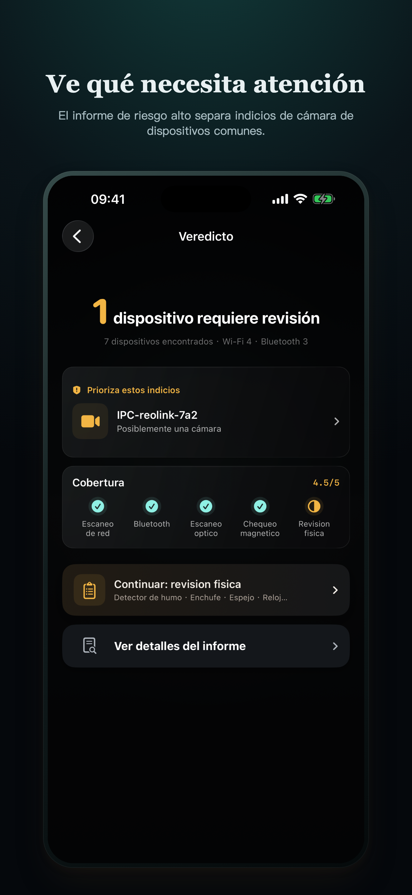 Informe de CamClue en español con un dispositivo por revisar