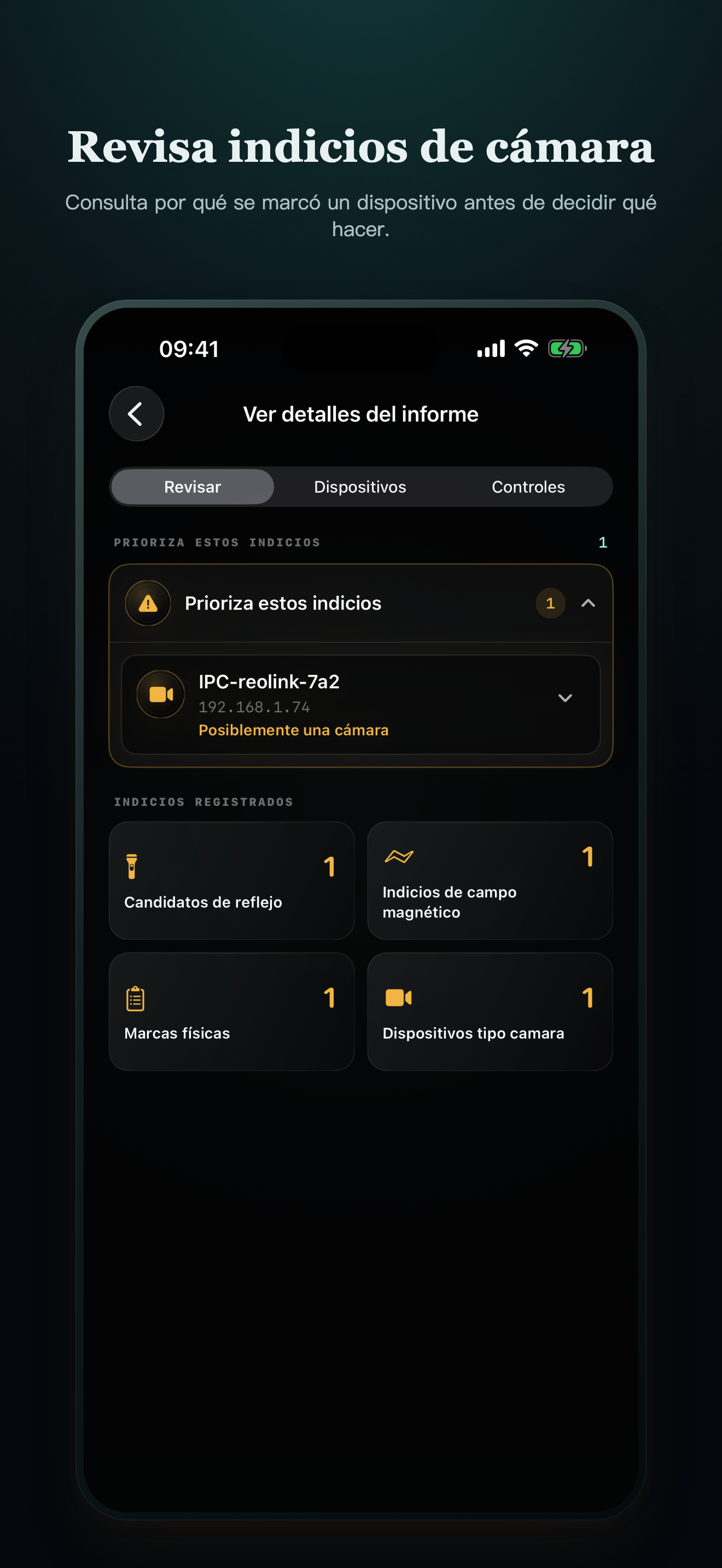 Detalle de indicios de CamClue en español